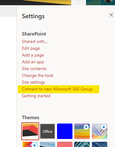 The M365 GUI via the Settings wheel to Teamify a Classic SharePoint Site.